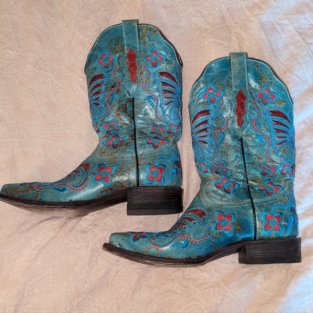El General Turquoise and Red Leather Boots Women's 9.5